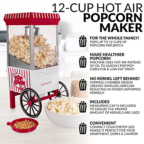 Nostalgia Countertop Hot Dog Roller and Warmer, 8 Regular Sized Hot Dogs & Vintage Table-Top Popcorn Maker, 12 Cups, Hot Air Popcorn Machine with Measuring Cap, Oil Free, White and Red