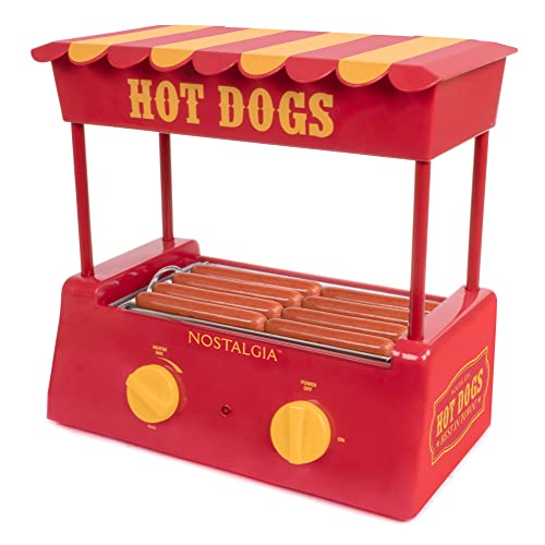 Nostalgia Countertop Hot Dog Roller and Warmer, 8 Regular Sized Hot Dogs & Vintage Table-Top Popcorn Maker, 12 Cups, Hot Air Popcorn Machine with Measuring Cap, Oil Free, White and Red