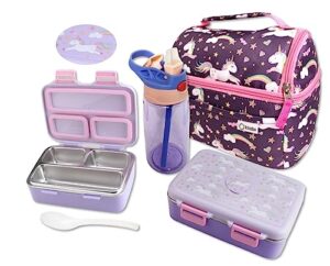 unicorn stainless steel bento lunch box for toddler girls, insulated lunch bag water bottle set for kids. snack container for small children, baby girl, toddlers daycare pre-school lunches purple