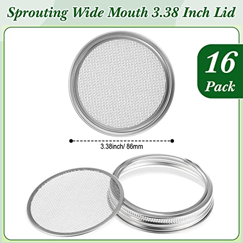 Thenshop 16 Pack Sprouting Lids for 86 mm Regular Mouth Mason Jars, 304 Stainless Steel Sprouting Jar Strainer Screen Lids, Canning Jars Suit for Grow Bean Sprouts, Alfalfa, Salad Sprouts