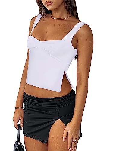 REORIA Women Summer Tops Sexy Ruched Sweetheart Neck Sleeveless Backless Side Split Tank Tops Going Out Y2K Trendy Cropped Tank Tops Pluse Size White Medium