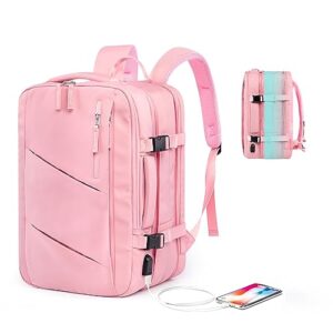 victoriatourist travel laptop backpack, extra large 35l expandable carry on backpack for women men with usb charging port, water resistant luggage computer backpacks bag fits 15.6 inch notebook, pink