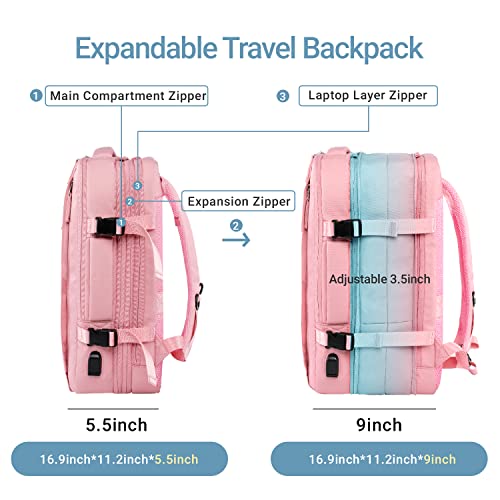 Victoriatourist Travel Laptop Backpack, Extra Large 35L Expandable Carry On Backpack for Women Men with USB Charging Port, Water Resistant Luggage Computer Backpacks Bag Fits 15.6 Inch Notebook, Pink