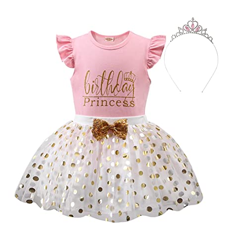 vivifayee Toddler Kids Baby Girls Birthday Princess Outfits Vest Sleeveless T Shirt Polka Dots Tutu Skirt Set with Crown 3Pcs Summer Dress