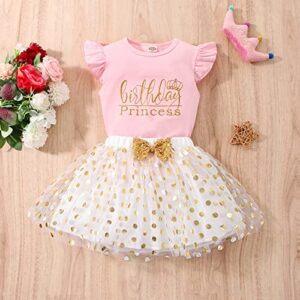 vivifayee Toddler Kids Baby Girls Birthday Princess Outfits Vest Sleeveless T Shirt Polka Dots Tutu Skirt Set with Crown 3Pcs Summer Dress