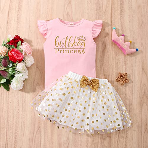 vivifayee Toddler Kids Baby Girls Birthday Princess Outfits Vest Sleeveless T Shirt Polka Dots Tutu Skirt Set with Crown 3Pcs Summer Dress