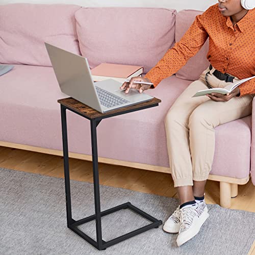 Nandae C Shaped End Table, Side Table Tray Side Table Bedside Table Height 27.3'' with Metal Frame for Laptop, Snack, Sofa Couch, Bed Living Room Bedroom, Rustic Brown