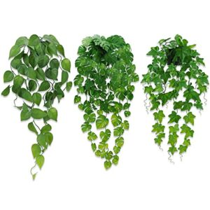 cewor 3 pack fake hanging plants artificial potted plants small faux hanging vines in pots for indoor outdoor office room decor(green)