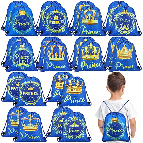 Sweetude 24 Pcs Prince Party Gifts Bags Prince Crown Blue Drawstring Bags Decoration Favor Storage for Boys Kids Birthday Wedding Party Decoration