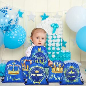 Sweetude 24 Pcs Prince Party Gifts Bags Prince Crown Blue Drawstring Bags Decoration Favor Storage for Boys Kids Birthday Wedding Party Decoration