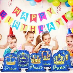 Sweetude 24 Pcs Prince Party Gifts Bags Prince Crown Blue Drawstring Bags Decoration Favor Storage for Boys Kids Birthday Wedding Party Decoration