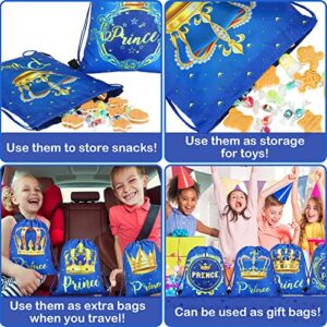 Sweetude 24 Pcs Prince Party Gifts Bags Prince Crown Blue Drawstring Bags Decoration Favor Storage for Boys Kids Birthday Wedding Party Decoration