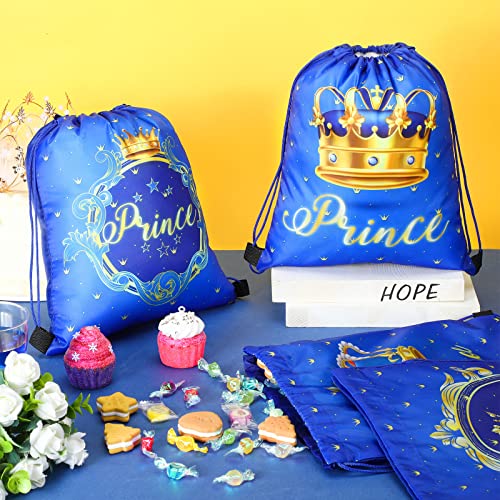 Sweetude 24 Pcs Prince Party Gifts Bags Prince Crown Blue Drawstring Bags Decoration Favor Storage for Boys Kids Birthday Wedding Party Decoration