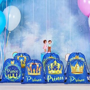 Sweetude 24 Pcs Prince Party Gifts Bags Prince Crown Blue Drawstring Bags Decoration Favor Storage for Boys Kids Birthday Wedding Party Decoration