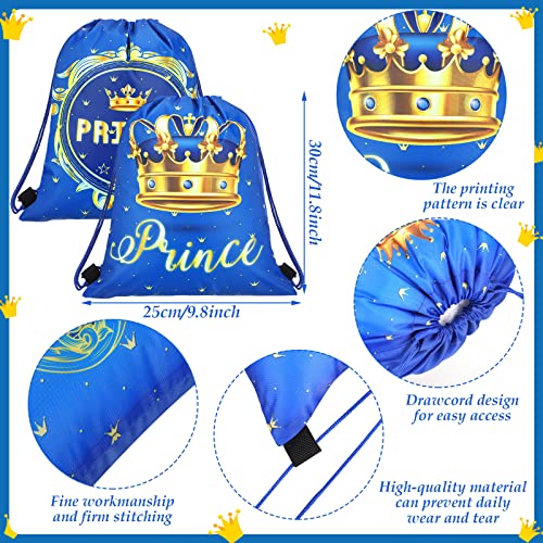 Sweetude 24 Pcs Prince Party Gifts Bags Prince Crown Blue Drawstring Bags Decoration Favor Storage for Boys Kids Birthday Wedding Party Decoration