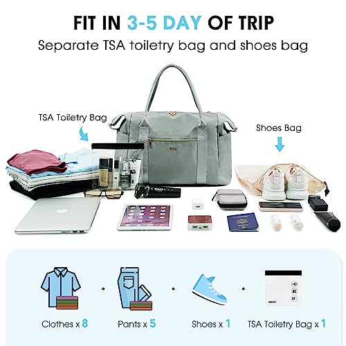 WANDF For Spirit Airlines Personal Item Bag 18x14x8 Travel Duffel Bag with TSA Approved Quart Size Bag & Shoes Bag Weekender Overnight Bag Carry-on Luggage for Women (Grey）