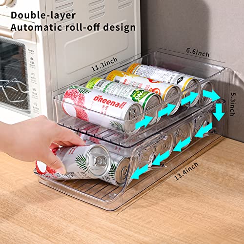 2 Pack Soda Can Organizer Dispenser for refrigerator, Clear Refrigerator Organizer Bins, 2 Tier Automatic Rolling Beverage Beer Soda Can Holder for Fridge, Pantry, Cabinets, Freezer, BPA Free