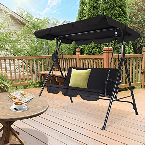 COVERONICS 3-Person Porch Swing Chair, Patio Swing Chair with Adjustable Canopy Outdoor Swing with Steel Frame for Yard, Lawn, Garden, Pool (Black)
