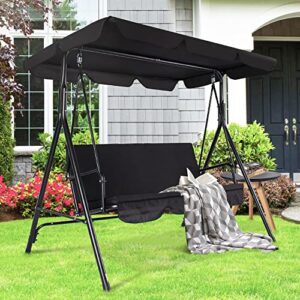 COVERONICS 3-Person Porch Swing Chair, Patio Swing Chair with Adjustable Canopy Outdoor Swing with Steel Frame for Yard, Lawn, Garden, Pool (Black)