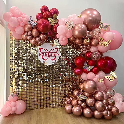 Oynearo Double Stuffed Burgundy and Pink Balloon Garland Arch Kit 150pcs Metallic Rose Gold Balloons Confetti Balloon for Baby Shower Birthday Bridal Engagement Anniversary Party Decoration