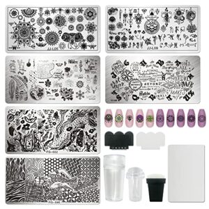 addfavor 6pcs nail art stamper kit flower leaf butterfly geometry nail stamping plates template stencils with 2 stamp and 2 scraper for home salon manicure design tools