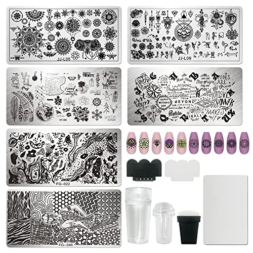 AddFavor 6pcs Nail Art Stamper Kit Flower Leaf Butterfly Geometry Nail Stamping Plates Template Stencils with 2 Stamp and 2 Scraper for Home Salon Manicure Design Tools