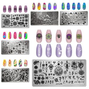 AddFavor 6pcs Nail Art Stamper Kit Flower Leaf Butterfly Geometry Nail Stamping Plates Template Stencils with 2 Stamp and 2 Scraper for Home Salon Manicure Design Tools