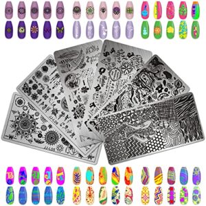 AddFavor 6pcs Nail Art Stamper Kit Flower Leaf Butterfly Geometry Nail Stamping Plates Template Stencils with 2 Stamp and 2 Scraper for Home Salon Manicure Design Tools