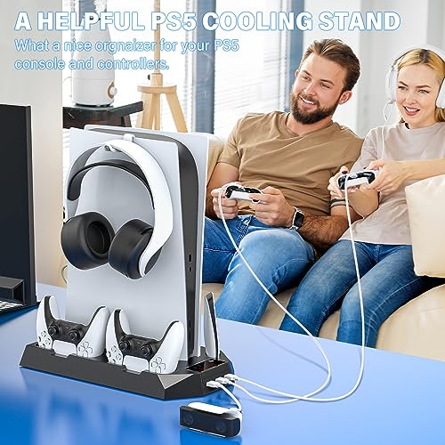 DBEPANK Stand and Cooling Station with Dual Controller Charging Station for PS5 Vertical Stand with Headset Holder for PS5 Accessories for Playstation 5 Console Cooling Fan Stand Black