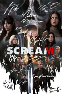 scream vi, scream 6 print - reproduction (rp), preprint, preprinted (pp) signed autograph autographed photo photograph, melissa barrera, jenna ortega, courteney cox, jasmin savoy brown, mason gooding, hayden panettiere, josh segarra, jack champion, liana