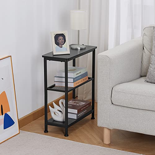 GIOPACO Narrow Side Table, End Table with 3 Tier Storage Shelves, Modern Accent Skiny End Tables for Small Spaces, Slim Couch Beside Table, Small Hallway Table for Living Room,Bedroom,Black