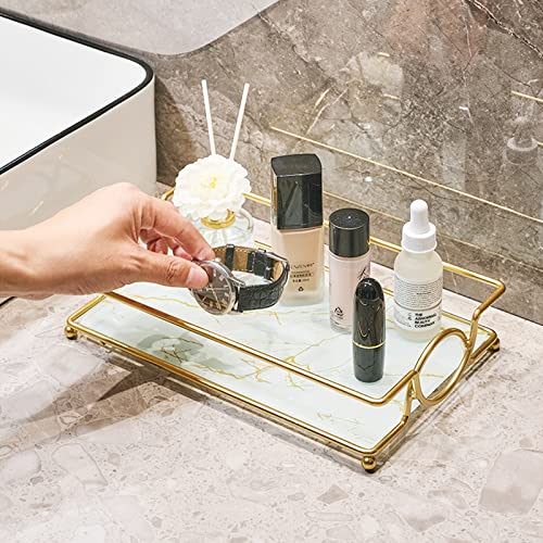 MYITYARD Vanity Tray, Bathroom Countertop Decorative Perfume Tray, Metal and Glass Tray for Jewelry, Makeup, Votive Candle Storage Organizer, 10.6" x 6.3", Gold