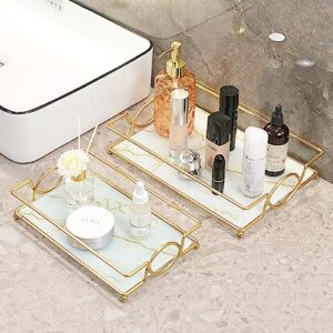 MYITYARD Vanity Tray, Bathroom Countertop Decorative Perfume Tray, Metal and Glass Tray for Jewelry, Makeup, Votive Candle Storage Organizer, 10.6" x 6.3", Gold