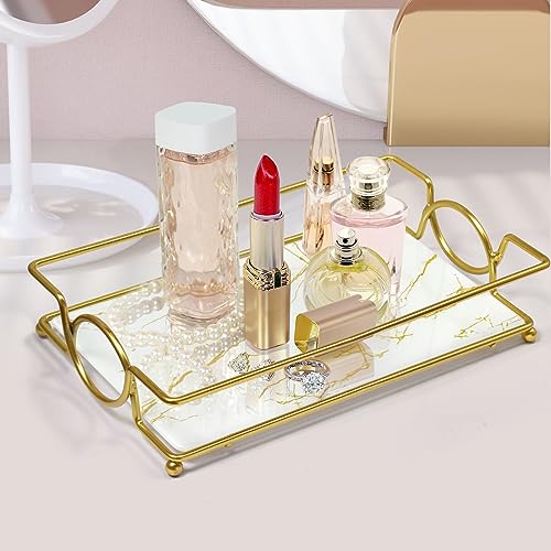 MYITYARD Vanity Tray, Bathroom Countertop Decorative Perfume Tray, Metal and Glass Tray for Jewelry, Makeup, Votive Candle Storage Organizer, 10.6" x 6.3", Gold