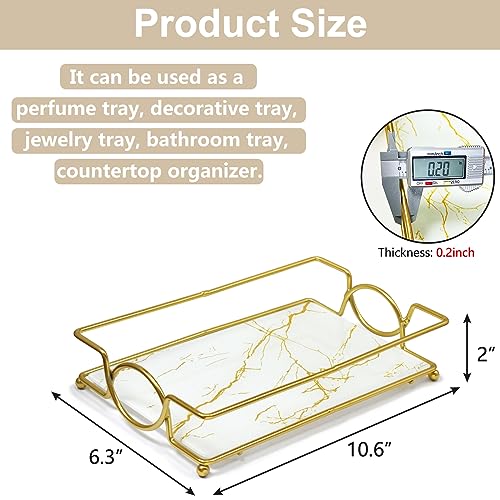 MYITYARD Vanity Tray, Bathroom Countertop Decorative Perfume Tray, Metal and Glass Tray for Jewelry, Makeup, Votive Candle Storage Organizer, 10.6" x 6.3", Gold