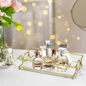 MYITYARD Vanity Tray, Bathroom Countertop Decorative Perfume Tray, Metal and Glass Tray for Jewelry, Makeup, Votive Candle Storage Organizer, 10.6" x 6.3", Gold