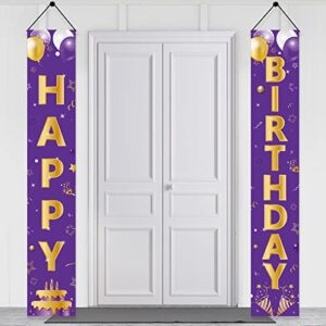 purple gold happy birthday door banner decorations, happy birthday porch sign party supplies for girls women, 16th 21st 30th 40th 50th 60th birthday for indoor outdoor