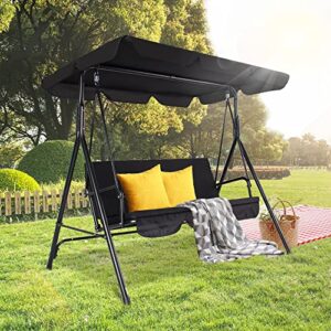 3-seats outdoor patio swing chairs with adjustable tilt canopy & durable steel frame, porch swing outdoor swings for adults, removable cushion, best for garden, yard & balcony (black)