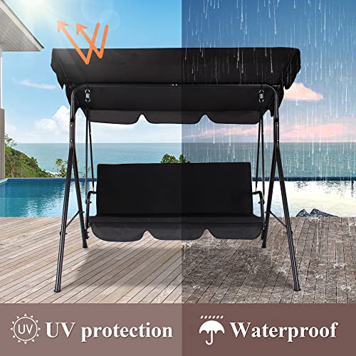 3-Seats Outdoor Patio Swing Chairs with Adjustable Tilt Canopy & Durable Steel Frame, Porch Swing Outdoor Swings for Adults, Removable Cushion, Best for Garden, Yard & Balcony (Black)