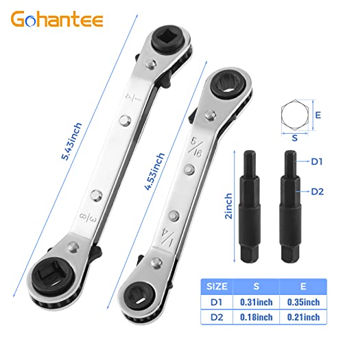 gohantee Hvac Service Wrench Tools Air Conditioner Valve Ratchet Wrench 3/16” to 3/8” 5/16'' x 1/4'' with 2 Hexagon Bit Adapter Kit for Air Refrigeration Tools and Equipment Repair Tools Clearance