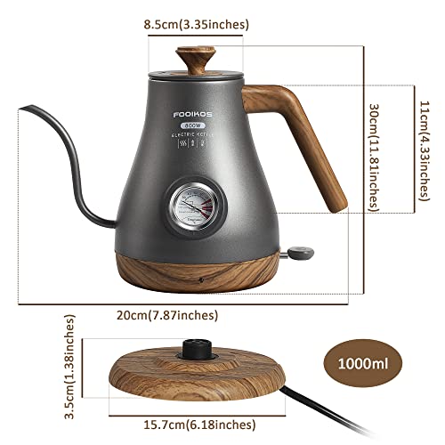 Fooikos Gooseneck Electric Kettle with Thermometer - 1.0L 304 Stainless Steel Water Kettle for Coffee and Tea Brewing -800W Fast Heating in 4 Minutes(Grey)