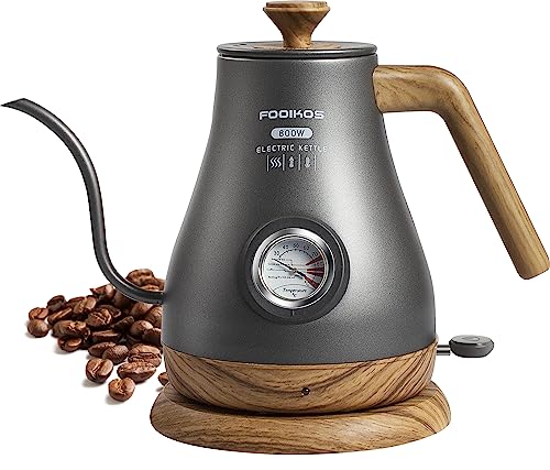 Fooikos Gooseneck Electric Kettle with Thermometer - 1.0L 304 Stainless Steel Water Kettle for Coffee and Tea Brewing -800W Fast Heating in 4 Minutes(Grey)