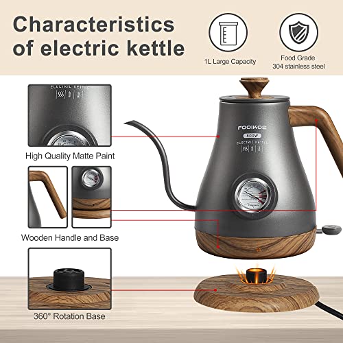 Fooikos Gooseneck Electric Kettle with Thermometer - 1.0L 304 Stainless Steel Water Kettle for Coffee and Tea Brewing -800W Fast Heating in 4 Minutes(Grey)