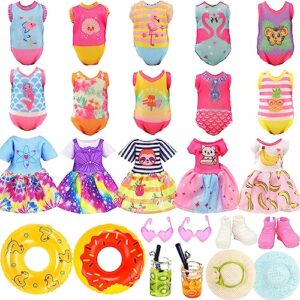 5.3 inch doll clothes and accessories 6 beach swimsuits 3 dresses with 2 swimming rings 2 drinks 2 hats 2 glasses 2 shoes for 5.3 inch doll