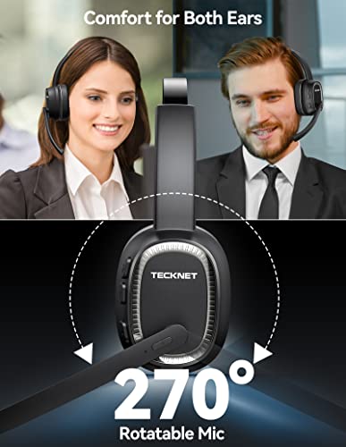 TECKNET Bluetooth Headset Wireless Headphones with Microphone AI Noise Cancelling & Mute Trucker Bluetooth Headset V5.2 Over-Ear Headphones for Truck Driver Cell Phone PC Computer Home Office Skype