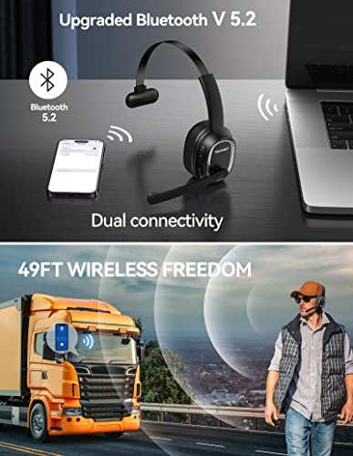 TECKNET Bluetooth Headset Wireless Headphones with Microphone AI Noise Cancelling & Mute Trucker Bluetooth Headset V5.2 Over-Ear Headphones for Truck Driver Cell Phone PC Computer Home Office Skype