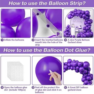 YAOWKY Purple Balloons Garland Arch Kit, 100PCS 18In 12In 10In 5In Purple Latex Balloons Garland Arch Kit with Glue Dot Strip and Ribbon for Birthday Weddings Anniversary Graduation Party Decorations