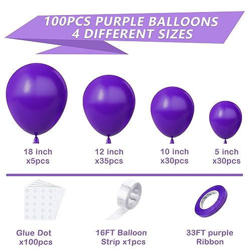 YAOWKY Purple Balloons Garland Arch Kit, 100PCS 18In 12In 10In 5In Purple Latex Balloons Garland Arch Kit with Glue Dot Strip and Ribbon for Birthday Weddings Anniversary Graduation Party Decorations