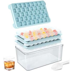 ice cube tray, 3 packs round ice cube trays for freezer, easy-release 1 in x 111 pcs ice ball maker mold with removable lid and bin making ice balls for tea coffee cocktail whiskey (blue)