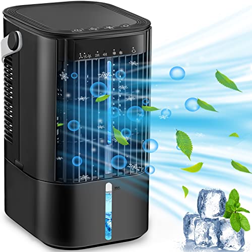 Portable Air Conditioner - Personal Mini AC Quiet Air Cooler with Handle,90° Oscillating Desktop Cooling Fan,2/4H Timer 7 Color,3 Speeds,Small Mobile Misting Fan for Home Office Work Outdoor - Black